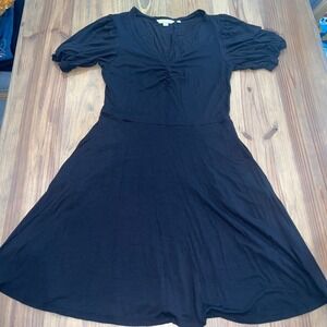 Boden Black Fit and Flare Midi Dress V Neck Ruched Short Sleeve Casual